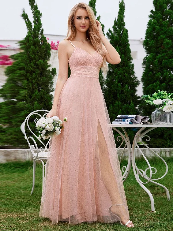 Pleated Lace Pearl Waist High Slit Bridesmaid Dress with V-Neck Fashion Sale