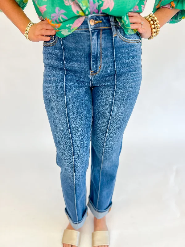 [Judy Blue] High Waist Front Seam Cuffed Straight Denim Chic Styles