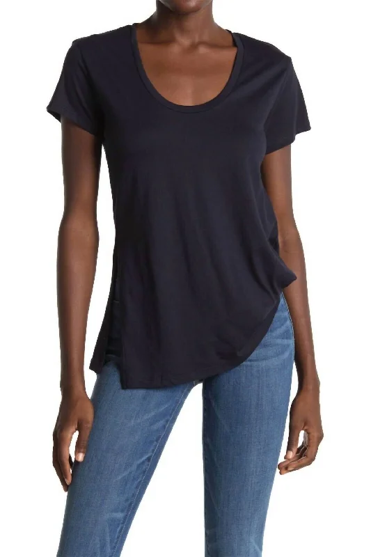 Asymmetrical Hem Tencel Tuck Cotton Shirt In Navy Blue Chic Styles