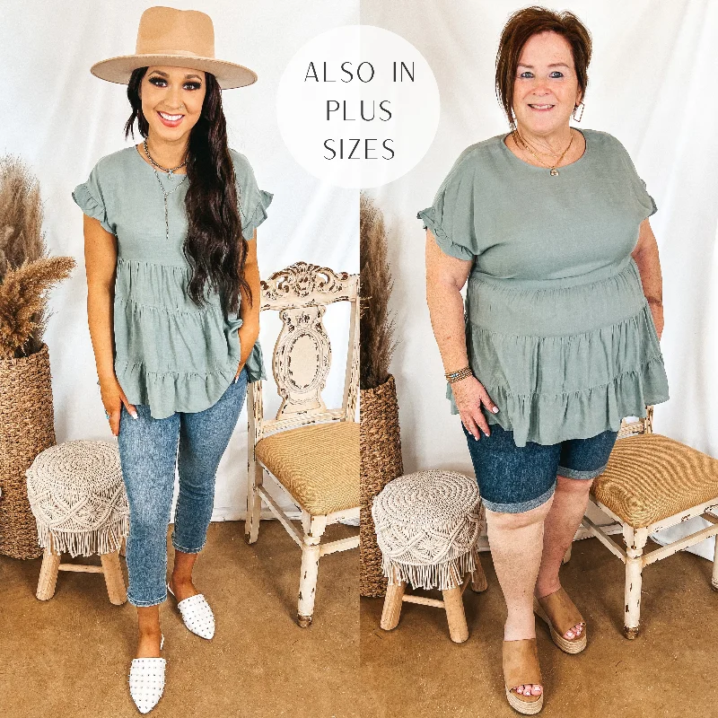 Belong To You Tiered Top with Ruffle Cap Sleeves in Sage Green Clearance Event