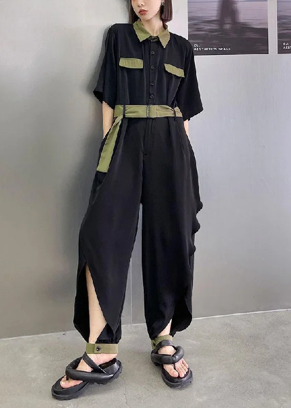 Diy Black Patchwork Button  Outfits Rompers Summer Best Seller