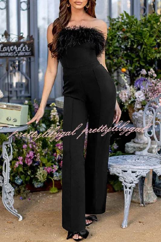 First Class High Rise Feather Stretch Waist Jumpsuit Timeless Elegance Redefined