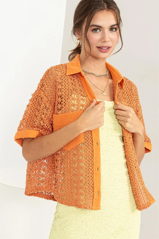 Orange Crochet Button-Front Top Elegant Simplicity Wardrobe