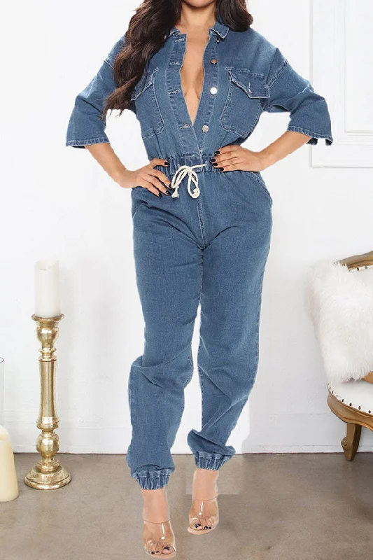 Blue Cool Single Breasted Denim Jumpsuit Absurdly Cheap Sale