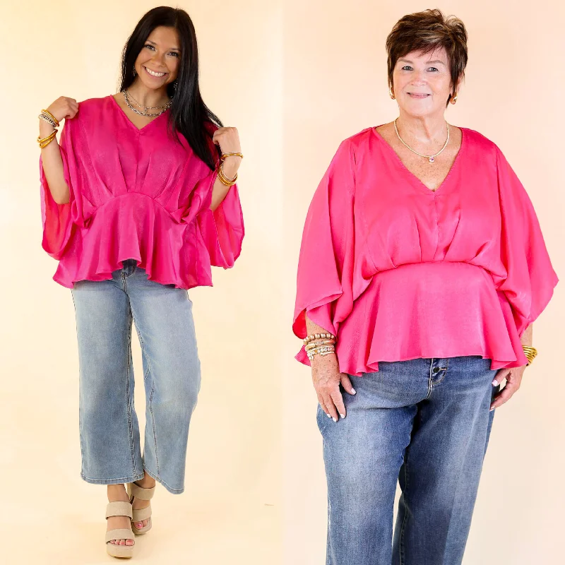 Hear the Music Drop Sleeve Satin V Neck Peplum Top in Hot Pink Quick Grab Deals