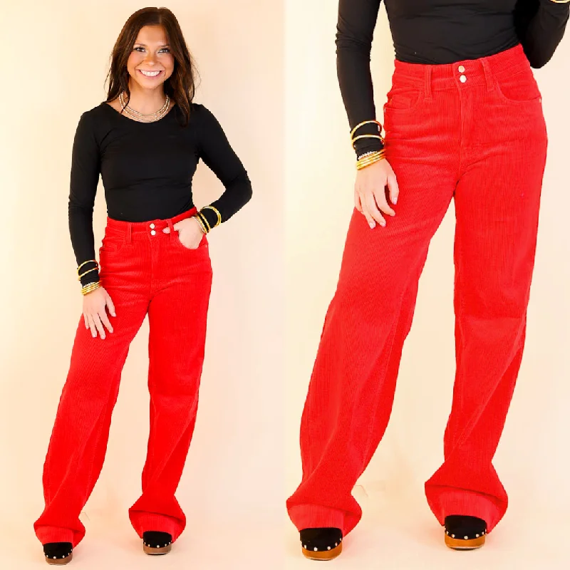 Judy Blue | Strut in Style High Waisted Wide Leg Corduroy Trouser in Ruby Red Effortless Style, Endless Impact