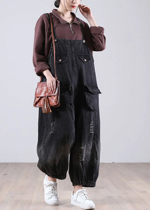 Beautiful Black Pockets Button Fall Hole Denim  Outfits Rompers Style Beyond Borders