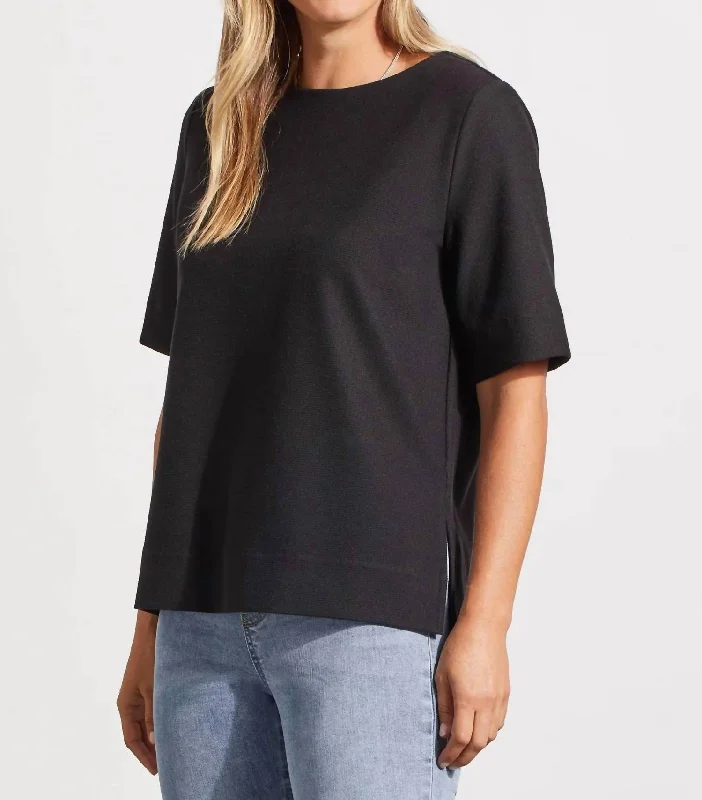 Boat Neck Top With Elbow Sleeve In Black Huge Markdowns