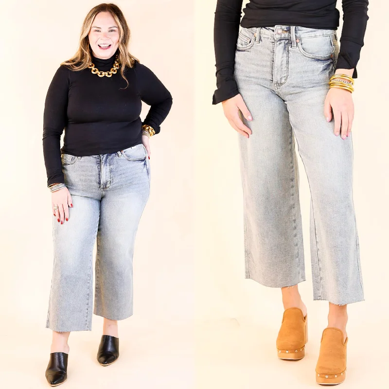 Judy Blue | Casual Confidence Mid Rise Tummy Control Cropped Wide Leg Jean with Raw Hem in Light Wash Trendy Attire For Her