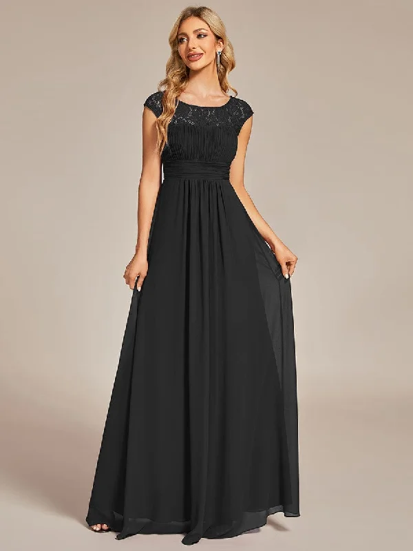 Elegant Chiffon Maxi Formal Evening Dress with Lace Cap Sleeve Dive Into Trendy Women's Fashion