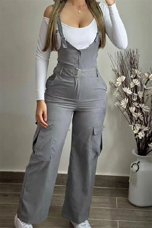 Solid Color Casual Pocket Suspender Jumpsuit Valentine's Special