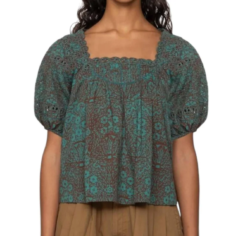 Katrine Print Puff Sleeve Top In Teal Low Price Special