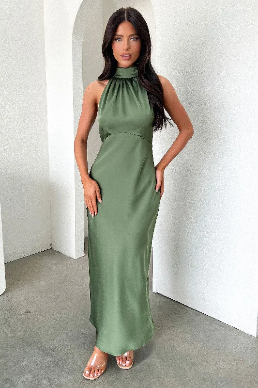 Daphne High Neck Maxi Dress - Olive Effortless Grace