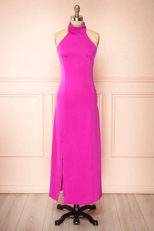 Tirielle | Long Fuchsia Satin Dress w/ Slit Fashion Sale