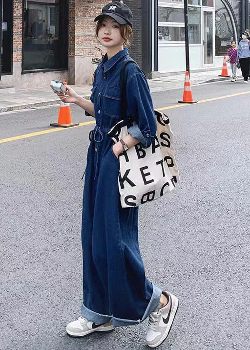 New Blue Button Lace Up Pockets Denim Jumpsuit Long Sleeve Exclusive Sale