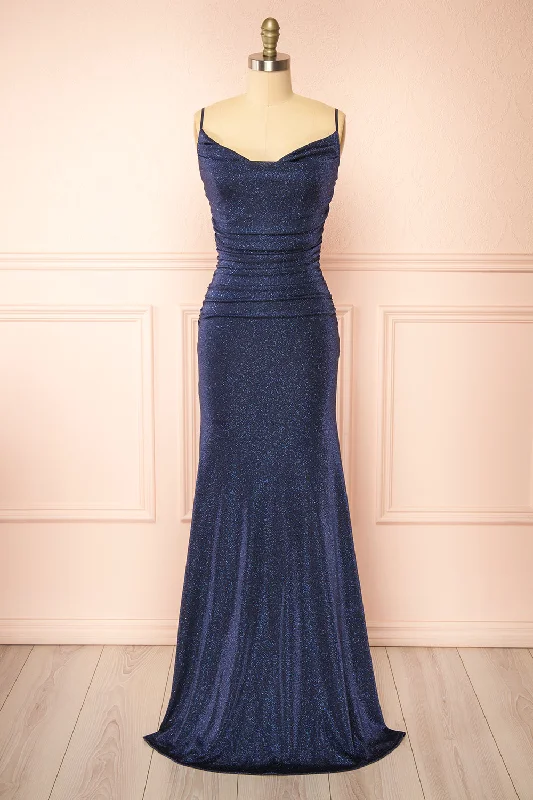 Jayna Navy | Ruched Sparkling Mermaid Maxi Dress Elegant Style