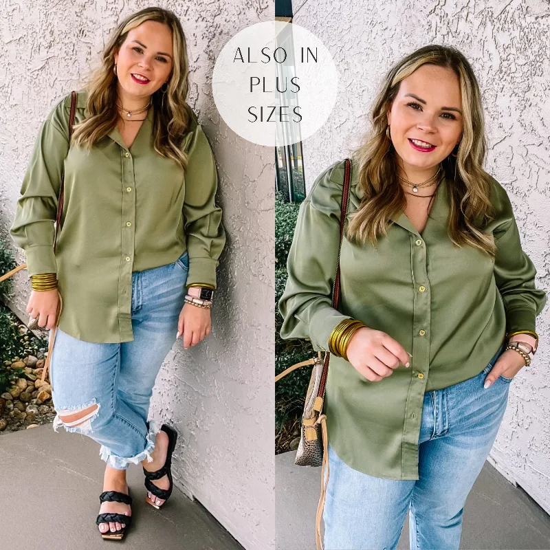 Tell Me Something Good Long Sleeve Button Up Top in Olive Green Trend Forward Threads For Her