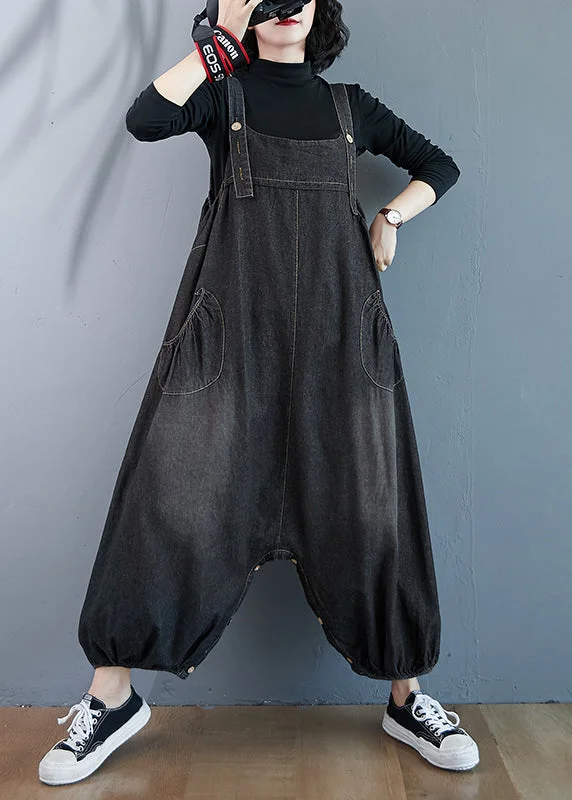 Black Wear On Both Sides Denim Jumpsuit Oversized Pockets Summer Trend Forward Threads