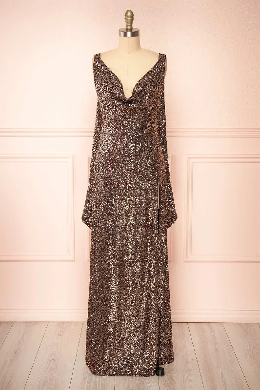 Janett | Black Maxi Dress w/ Rosegold Sequins & Slit Day-To-Night Styles