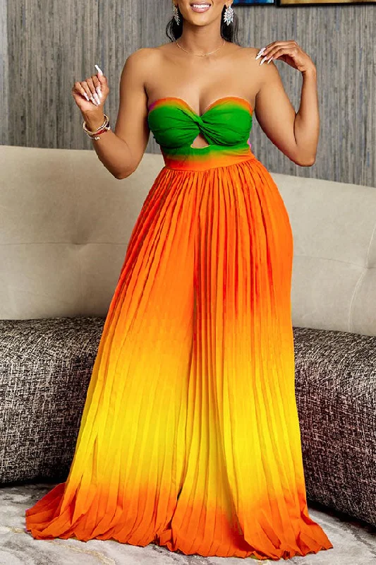 Gradient Stunning Twisted Strapless Pleated Wide Leg Jumpsuit Elegant Style