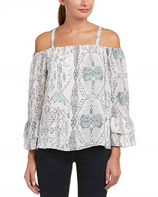 Off The Shoulder Tribal Print Top In White/blue Winter Warm - Up Sale