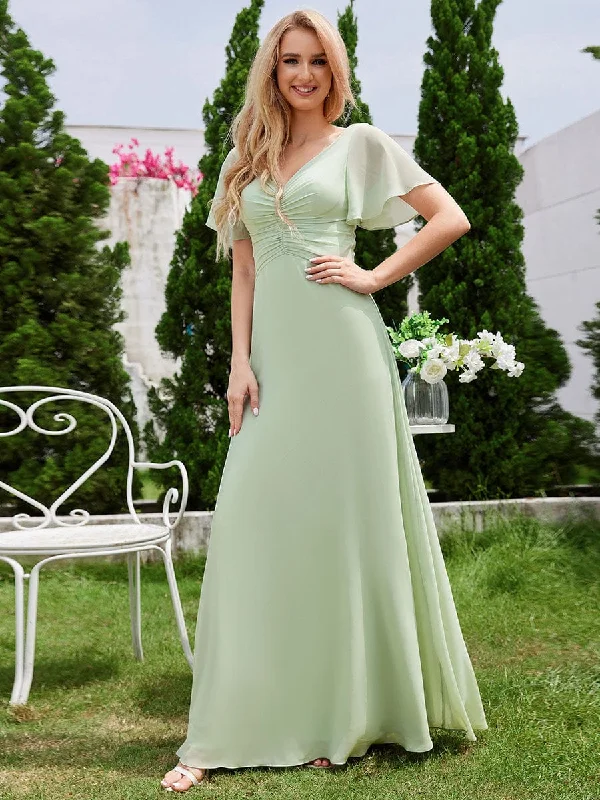 Ruffled Sleeves and V-Neck Pleated A-Line Chiffon Bridesmaid Dress Hot Styles