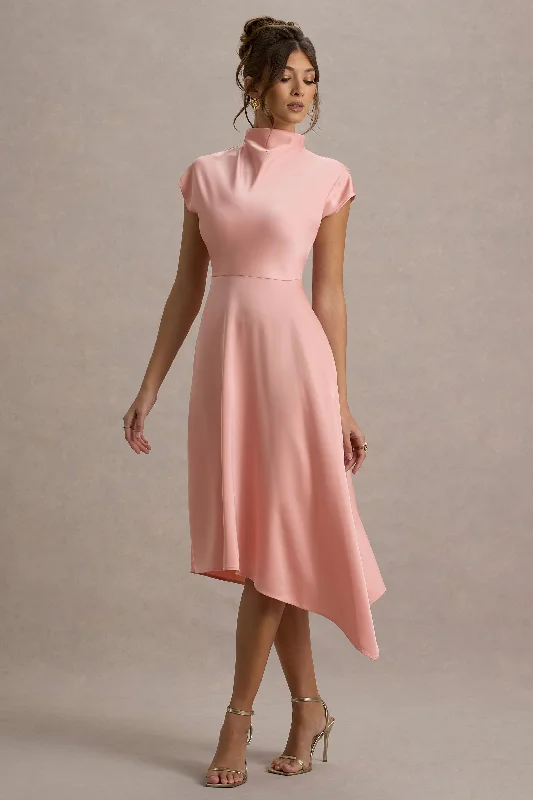 Velma | Light Pink Satin Midi Dress With Draped Hem Polished Finish