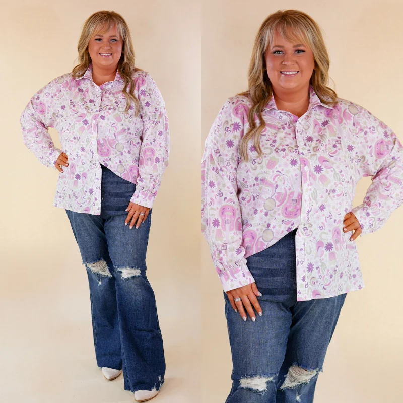 The Cowgirl Way Button Up Purple Music Print Top in White Flash Sale Starts