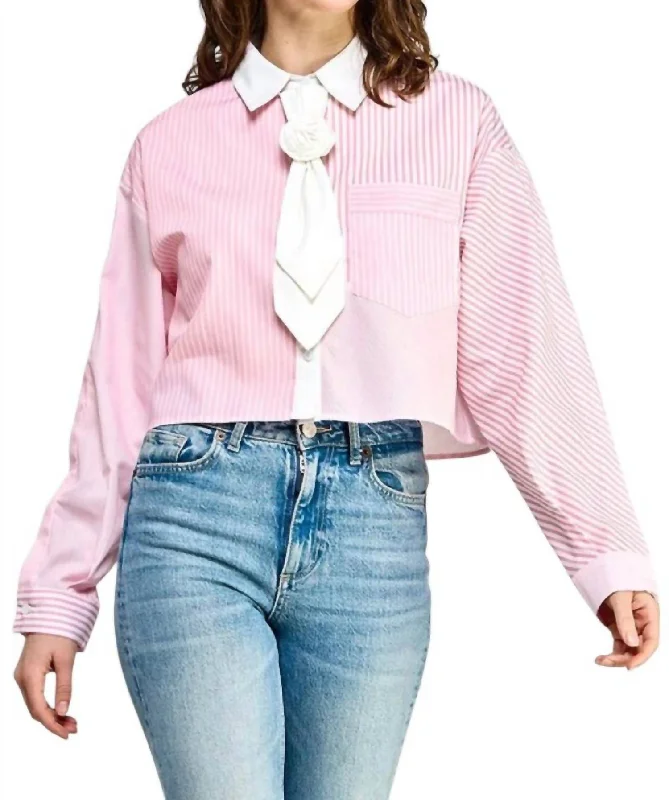 Ella Striped Collared Shirt With Rosette Tie In Pink Hot Deals