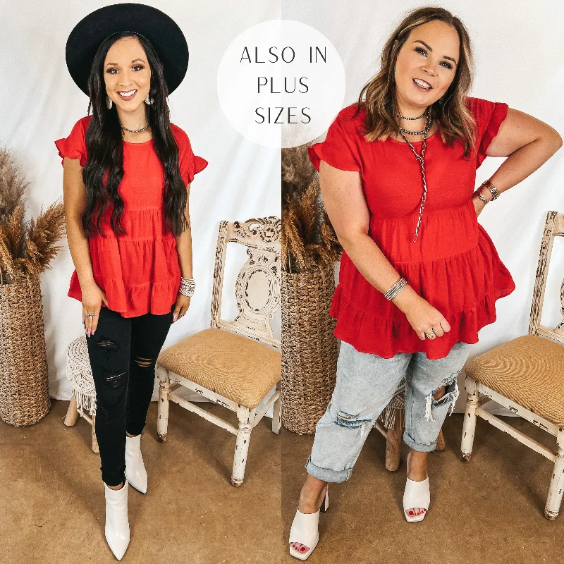 Belong To You Tiered Top with Ruffle Cap Sleeves in Red Casual Chic