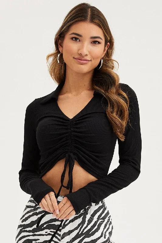 Black Ruched Top Long Sleeve Summer Deals