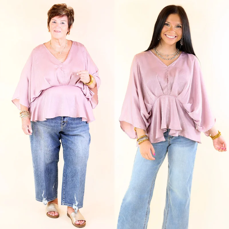 Hear the Music Drop Sleeve Satin V Neck Peplum Top in Dusty Lilac Purple Now On Sale For Chic Urban Styles