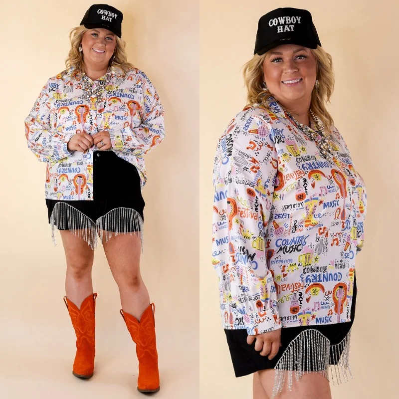 The Cowgirl Way Button Up Multi Color Music Print Top in White Must Haves