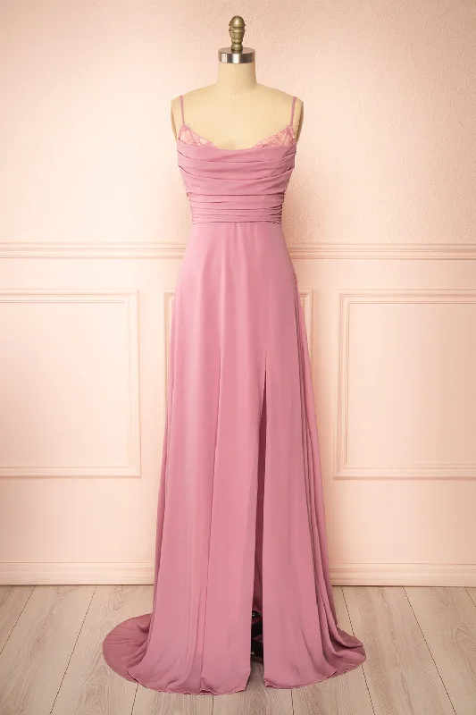 Kieran Mauve | A-Line Maxi Dress w/ Lace Artful Design