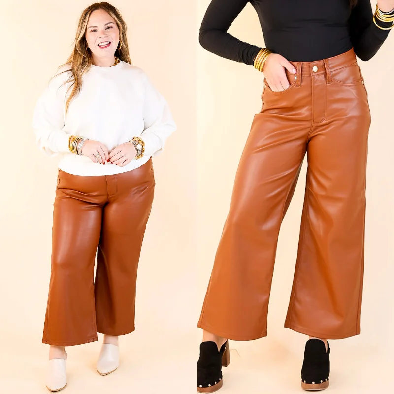 Judy Blue | Instant Icon Tummy Control Faux Leather Cropped Wide Leg Pant in Camel Brown Catch Every Fashion Trend