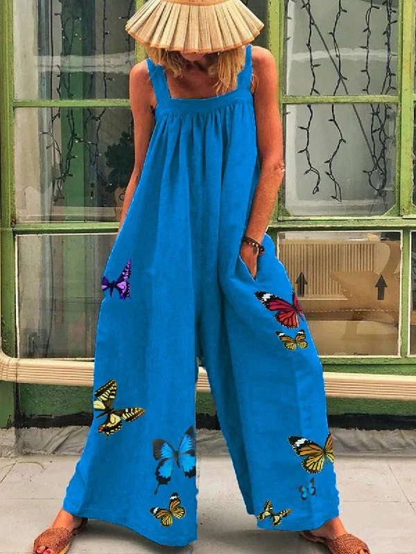 Romantic Pastoral Loose Butterfly Print Jumpsuit Vintage Elegance