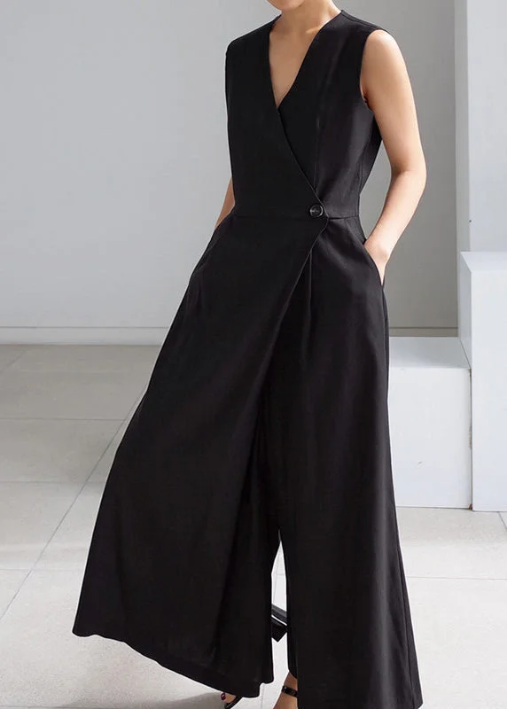 Brief Black V Neck Button Pockets Jumpsuits Summer Latest Fashion