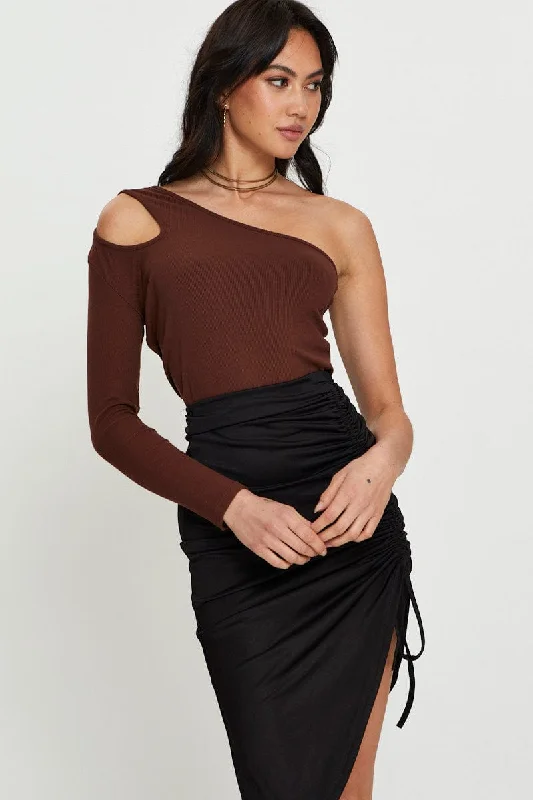 Brown Cut Out Top Long Sleeve Soft Textures