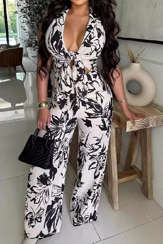 Contrasting Floral Print Elegant Tie Front Wide Leg Jumpsuit Chic Trend Collection