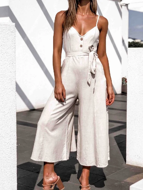 V-Neck Belt Loop Linen Pocket Jumpsuit Trendy Women's Collection