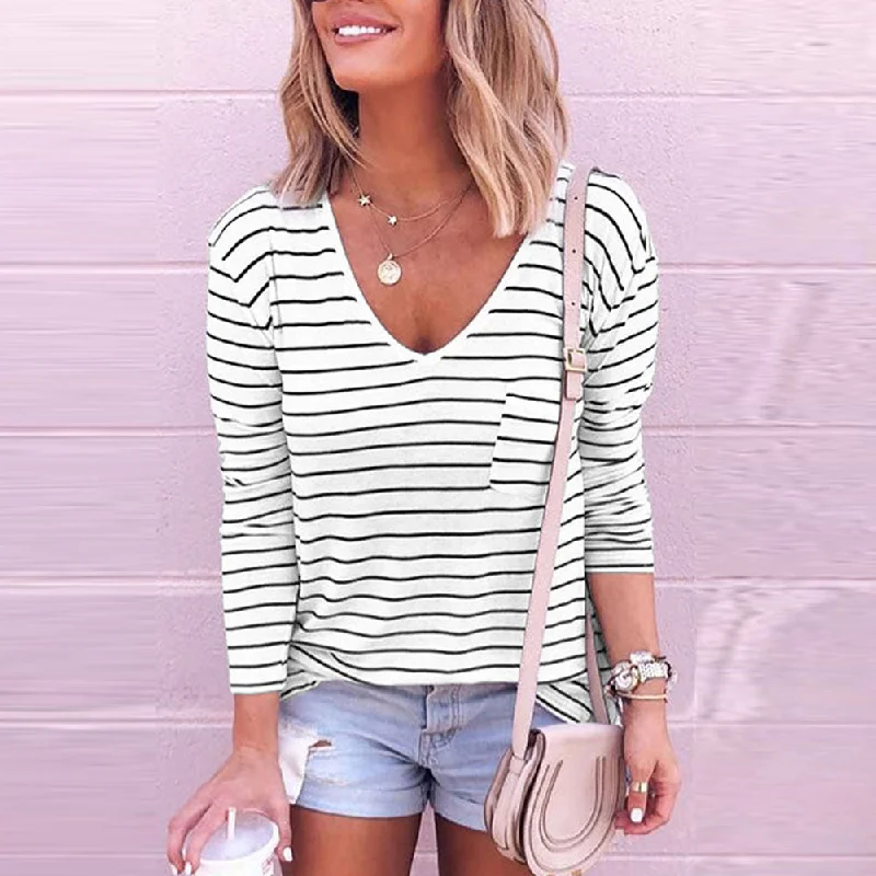 Loose V-neck Striped Long Sleeve Bottoming Shirt Trend Forward Threads