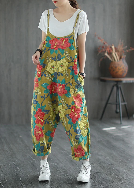 Plus Size Yellow Oversized Print Cotton Jumpsuit Ripped Jeans Spring Versatile Outfits