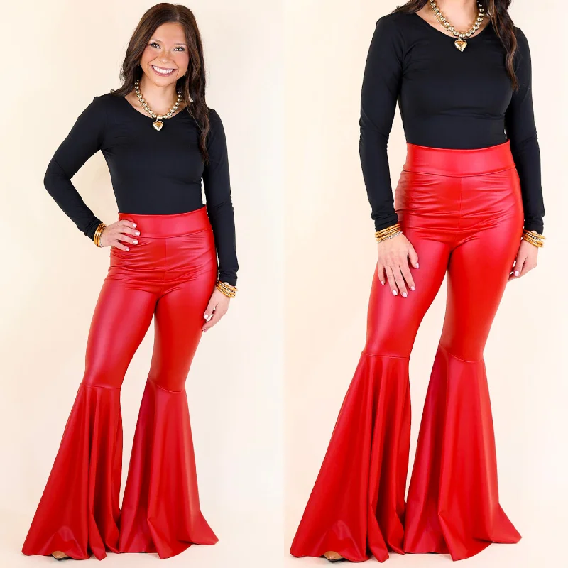 Nearly Famous Faux Leather Bell Bottom Pants in Red Floral Style