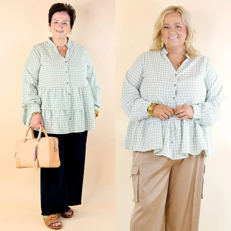 Wonderful Wishes Button Up Gingham Top with Long Sleeves in Sage Green Seasonal Sale