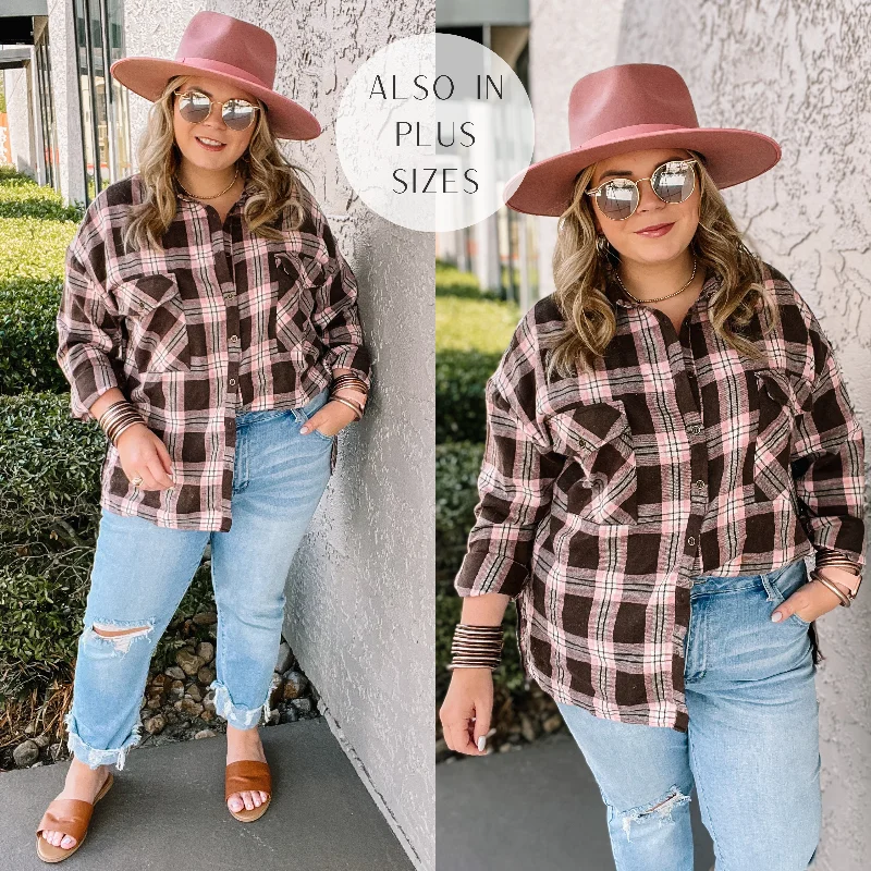 Cheery Mood Button Up Plaid Flannel Top in Pink and Brown Trendy Street Style Attire