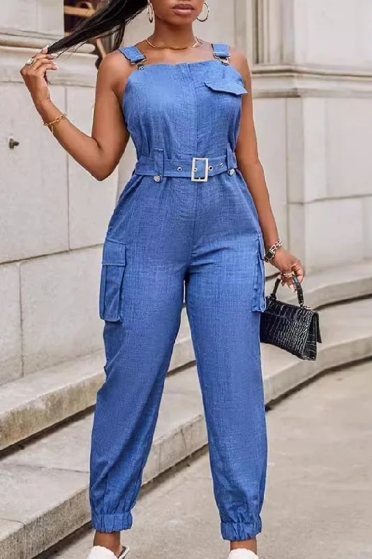 Solid Color Casual Belted Suspenders Jumpsuit Feminine Charm