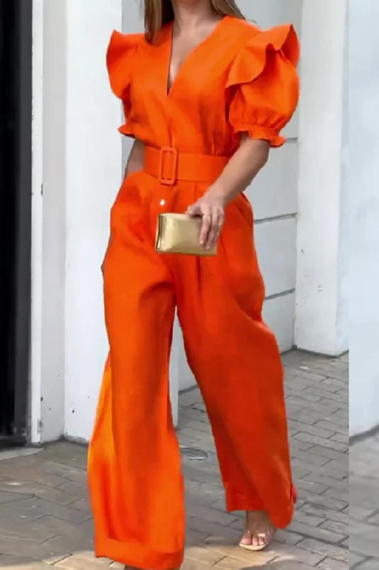 Solid Color Ruffles Puff Sleeve Sweet Wide Leg Jumpsuit Break Fashion Norms