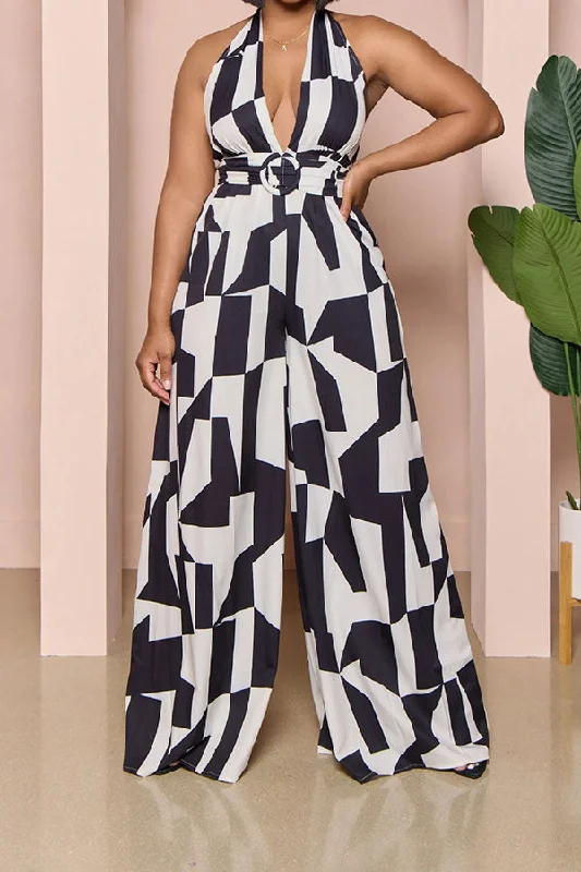 Geometric Print Commuting O-Ring Backless Jumpsuit Brand Name Clothing Discount Extravaganza