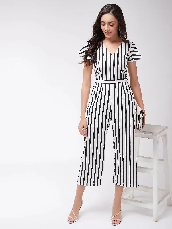 PANNKH Women's Black & White Monocromatic Stripes Jumpsuit Fashion Sale