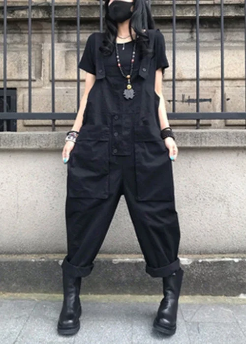 French Black Patchwork Button Solid Jumpsuit Summer Insane Discount Onslaught